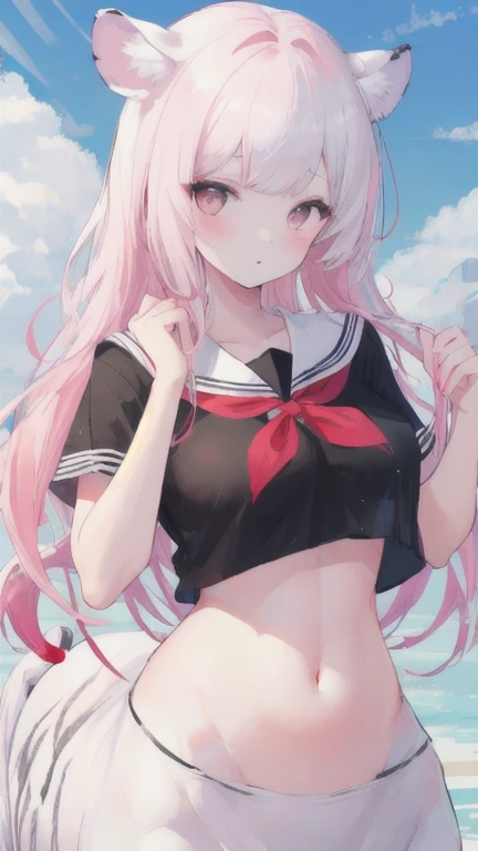 (best quality, masterpiece), 1 girl, centaur, I beg, White skin, The school girl wearing,daughter,black pink, exposing the abdomen, belly button t-shirt , beautiful girl perfect, White tiger photo, 완벽한 White tiger photo