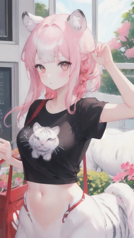 (best quality, masterpiece), 1 girl, centaur, I beg, White skin, The school girl wearing,daughter,black pink, exposing the abdomen, belly button t-shirt , beautiful girl perfect, White tiger photo, 완벽한 White tiger photo