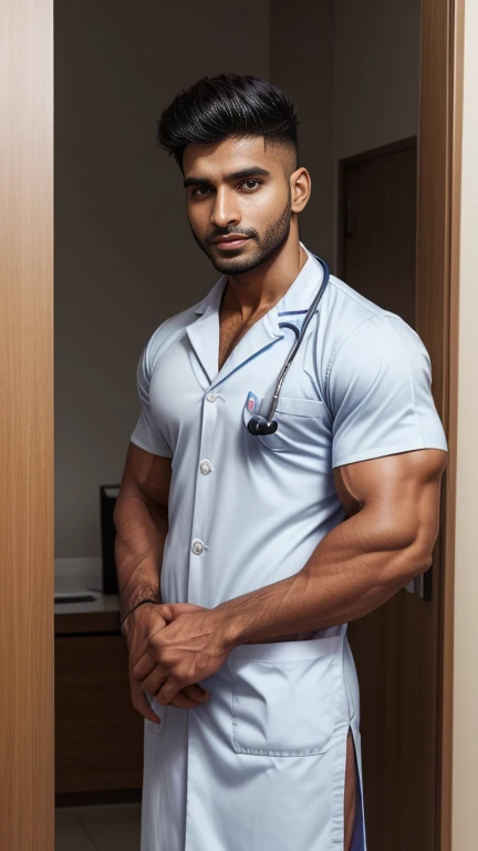 Handsome indian 28 years old masuculine bodybuiler GURJAR with spiky hairstyle doctor with stethoscope in neck, doctor uniform, standing in clinic with nurses