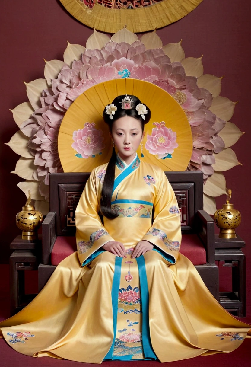 From the pre-Qing period, The Empress sits naked on a large golden sofa in the palace, Her legs were spread, At the Chinese court during the Qing Dynasty, Empress of the Qing Dynasty, Wearing the great crown of the Chinese Empress, Belly and thighs visible from below.。She is completely naked, Showing off gorgeous large flowers and hairpins, She tied her hair up and pulled it up, 背景はEmpress of the Qing Dynastyの豪華な宮殿.