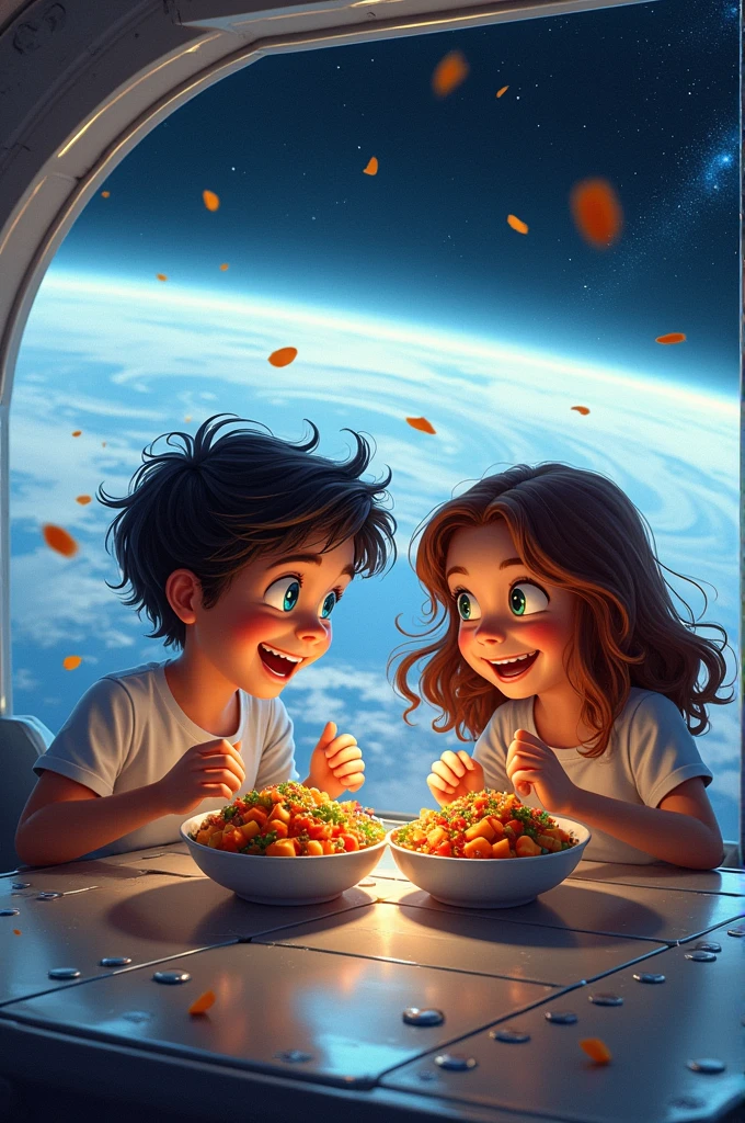 There is a boy and a girl are eating spicy papaya salad on space station together with joygul