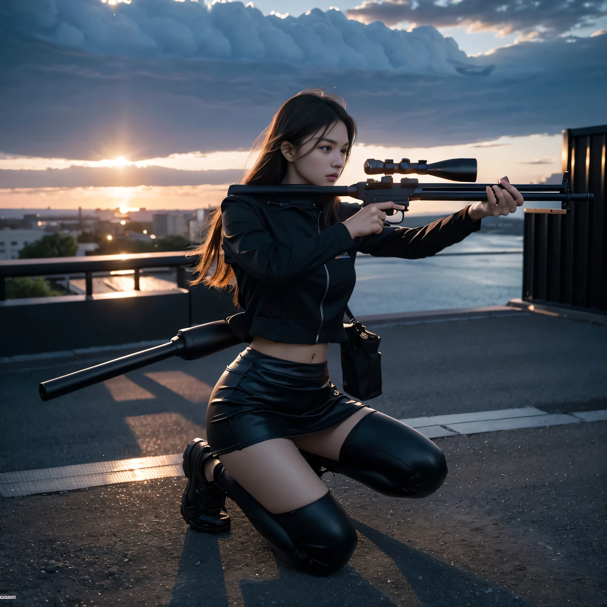 masterpiece, Ultra-high resolution, (photoPractical:1.4), RAW photos, Practical, Female sniper kneeling，Aiming the scope of an optical rifle, Wearing a short black skirt and black leggings, On alert, Black Hair, finger on trigger, Always ready for action shooting, On the roof at night, Movie action, Movie lighting, View Side, Anatomically correct, realism, Ultra HD, masterpiece, Ultra-high resolution, (photoPractical:1.4), RAW photos, Practical, Super Detail, best quality, Ultra-high resolution, 16K, Ultra HD, Movie, Movie, Movie