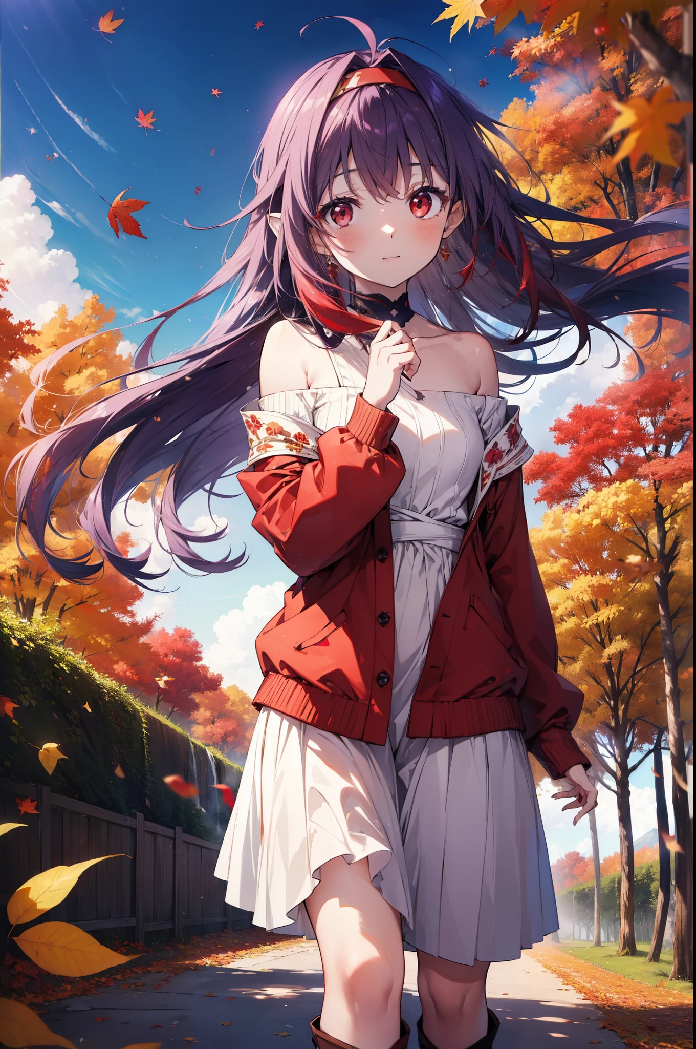 yuukikonno, Yuuki Konno, hair band, Long Hair, Pointed Ears, Purple Hair, (Red eyes:1.5), (Small breasts:1.2), smile,blush,Close your mouth,Purple one-shoulder sweater,mini skirt,White tights,short boots,Walking,autumn leaves,autumn leaves,scattered,autumn leavesが積もっている,Autumn sky,whole bodyがイラストに入るように,
break looking at viewer, whole body,
break outdoors, garden,forest, nature,
break (masterpiece:1.2), Highest quality, High resolution, unity 8k wallpaper, (figure:0.8), (Beautiful attention to detail:1.6), Highly detailed face, Perfect lighting, Highly detailed CG, (Perfect hands, Perfect Anatomy),