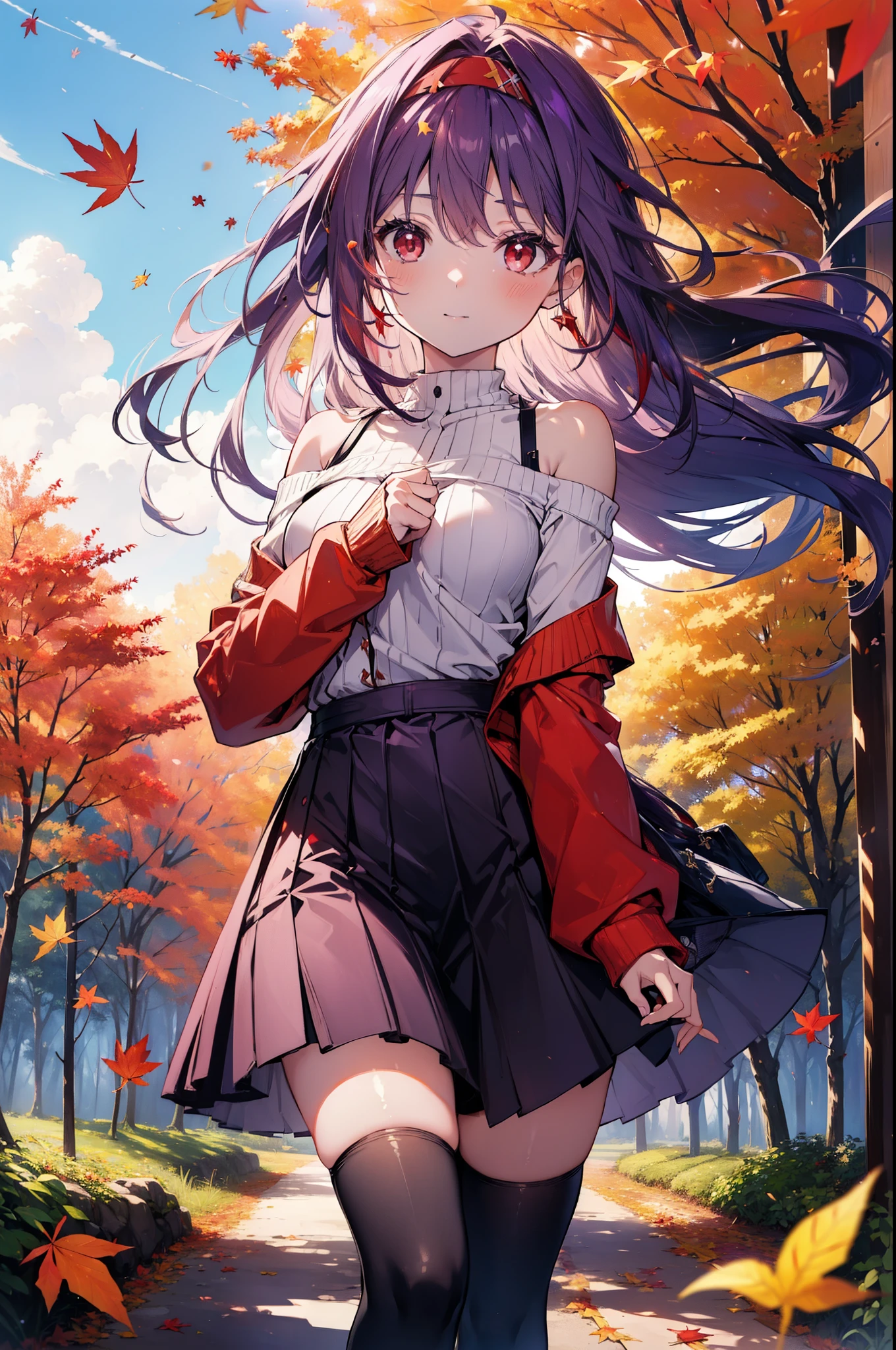 yuukikonno, Yuuki Konno, hair band, Long Hair, Pointed Ears, Purple Hair, (Red eyes:1.5), (Small breasts:1.2), smile,blush,Close your mouth,Purple one-shoulder sweater,mini skirt,White tights,short boots,Walking,autumn leaves,autumn leaves,scattered,autumn leavesが積もっている,Autumn sky,whole bodyがイラストに入るように,
break looking at viewer, whole body,
break outdoors, garden,forest, nature,
break (masterpiece:1.2), Highest quality, High resolution, unity 8k wallpaper, (figure:0.8), (Beautiful attention to detail:1.6), Highly detailed face, Perfect lighting, Highly detailed CG, (Perfect hands, Perfect Anatomy),