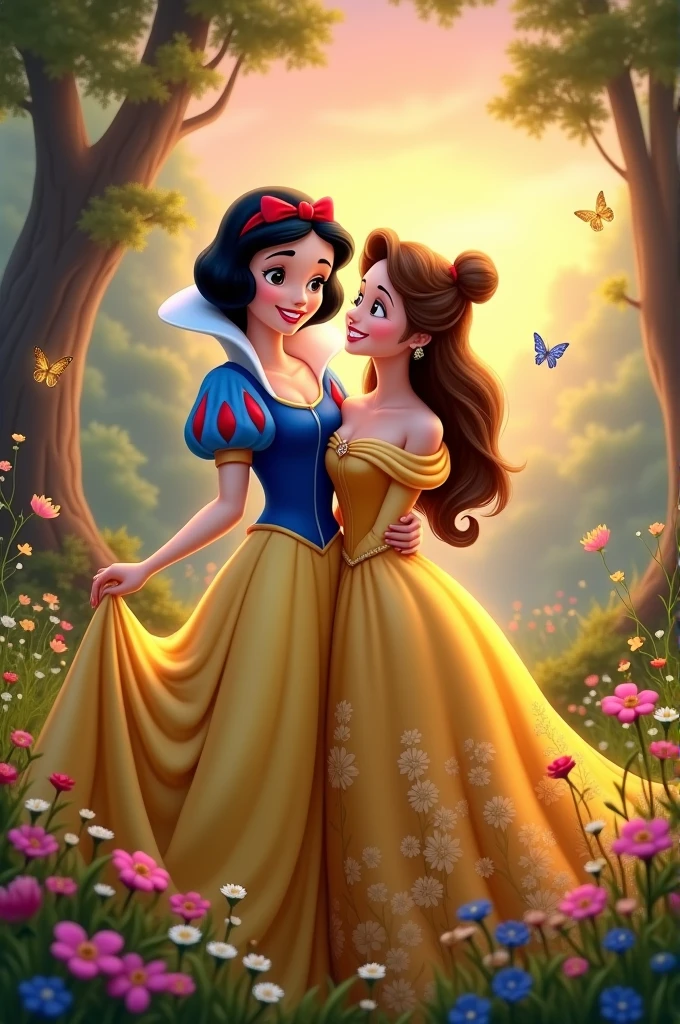 Snow White and Belle hugging each other