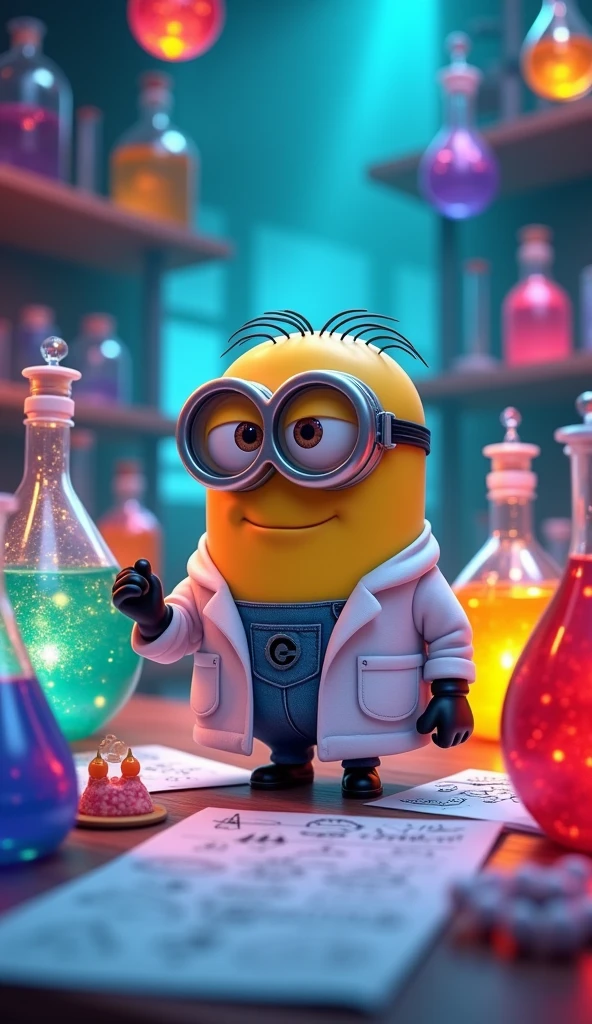 Minion is wearing a scientist outfit doing research. Surrounded by chemical bottles