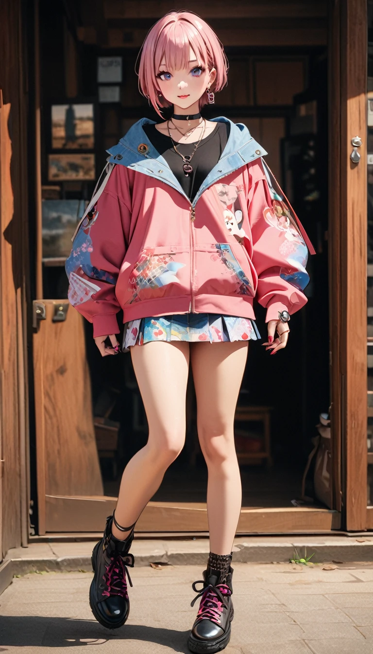 (Highest quality, 4K, 8k, High resolution, masterpiece:1.2), Very detailed, Picturesque, Animated photos, Photo Animation:1.37)、Japanese、(Pink Hair)、(Pixie Cut)、Gal Makeup、hoodie、Flared mini skirt、necklace、bracelet、Earrings、choker、nail art、(Full body photo)、Nakano Ichika