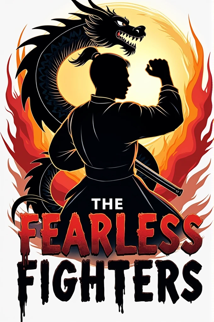 "Design a dynamic and bold logo for 'The Fearless Fighters,' a martial arts club. The logo should convey strength, courage, and discipline. Incorporate elements like a fierce warrior or fighter silhouette, traditional martial arts symbols (e.g., fist, dragon, or sword), and a strong, modern font for the club name. The color scheme should be powerful, using shades like black, red, or gold, to emphasize intensity and resilience. The overall design should inspire confidence and reflect the fearless spirit of the members."