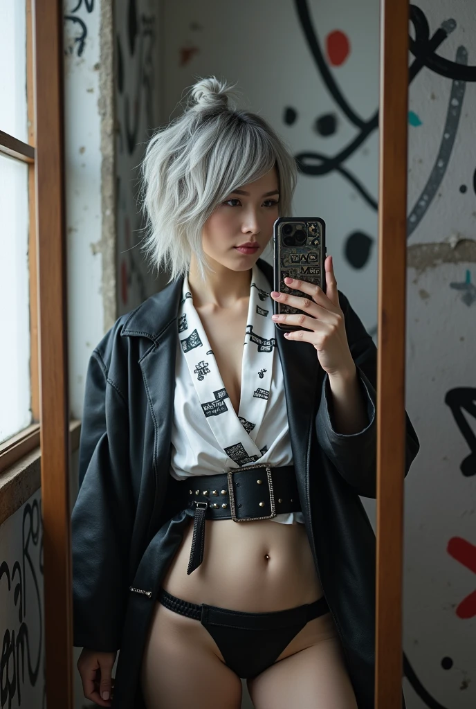 highly detailed, beautiful, hyper Realistic girl, masterpiece, best quality, Japanese sexy gravure woman, 28 years old, identity hidden, takes a selfie in her room using a smartphone in front of a mirror with one hand, standing, fashion model Posing, looking away from the camera, /// gray casual punk hair, light color eyes, Realistic skin, Detailed face, /// (hairstyle with complicated decorations:1.3), _ (Cityscape background:1.2), (White and black graffiti-covered walls:1.4), _ BREAK (Confident sitting pose:1.2), _ BREAK (wide angle:1.7), _ BREAK(White and black theme:1.4), (Geometric pattern print:1.4),(fusion of traditional High collar kimono and punk elements:1.4), (black leather jacket with white silk kimono:1.2), (silver studded details on kimono:1.2), (punk-inspired accessories, black Leather thigh belt:1.4), _ BREAK (punk-style boots:1.2), /// Monotone simple Japanese modern taste single room, mirror, complicated background,