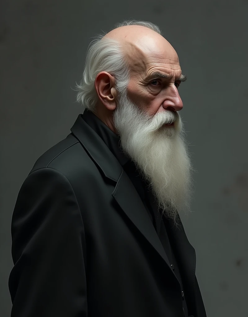Create a dark, gothic portrait illustration of a 70-year-old man, he is in profile facing right, he is rustic and fair-skinned, the art is in the style of Anne Stokes. The old man is bald and has a long white beard. He has a thin face, quite masculine, with dark circles, bad mood expression. Your expression of mystery, and appears to be serious. your eyes are black, deep ones, shaded and accented with dramatic dark shadow. He wears a black blazer over his shirt.. The image has an all gray background, without any details. The character illustration is inspired by Anne Stokes' style.