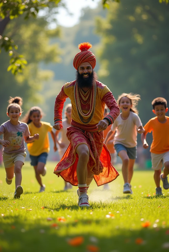 A man wearing turban running in ground with 6 to 7 childrens
