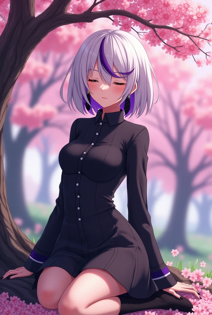 Demon Slayer screenshot, Kimetsu no yaiba, Girl, women, short hair, white hair with purple streaks, at the end purple in the hair, closed eyes, Demon Slayer Uniform, black skirt, black button down shirt, black painted nails, black socks, sitting under a tree, in the cherry forest, at daytime, relaxed expression, with a lot of chest, no cute, dominant, anime, White skin, black earrings, con los closed eyes, anime