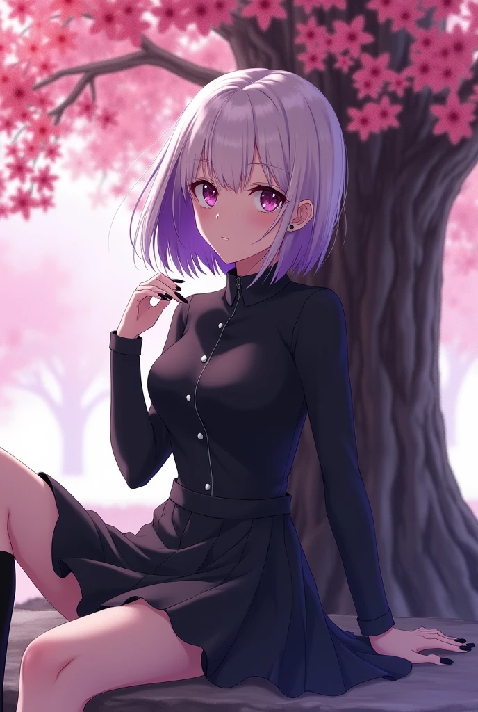 Demon Slayer screenshot, Kimetsu no yaiba, Girl, women, short hair, white hair with purple streaks, at the end purple in the hair, closed eyes, Demon Slayer Uniform, black skirt, black button down shirt, black painted nails, black socks, sitting under a tree, in the cherry forest, at daytime, relaxed expression, with a lot of chest, no cute, dominant, anime, White skin, black earrings, con los closed eyes, anime