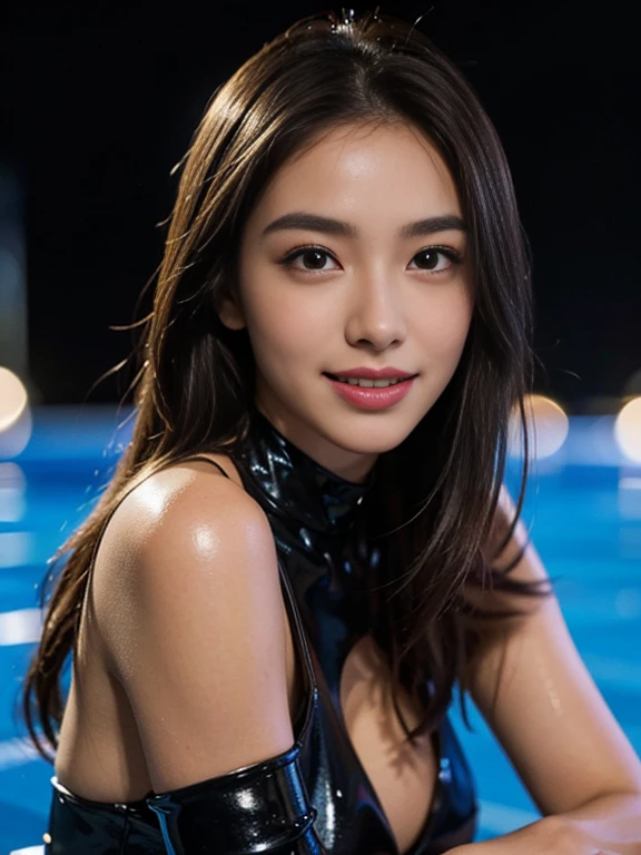Latex bodysuit、Knee-high boots、Huge 、Long brown hair、Shiny, Oily skin、Glowing Skin、Indoor competition pool、White skin、 Body Portrait, 8k, Narrow and beautiful eyes, Dindal effect, masterpiece, 最high quality, high quality, High resolution, Very detailed photos, (Natural skin texture, Fine skin, Hyperrealism, Ultra Sharpness) , Skin with attention to detail, (Very fine, Fine skin texture, Intricate details, Beautiful Face, (A vivid face), Realistic eyes, Beautiful and detailed, Realistic Skin, Beautiful Skin, surreal, Very detailed, Golden Ratio, Smiling Eyes, ((Night moonlight background)), Body Portrait, glamorous, Shiny Bodysuit