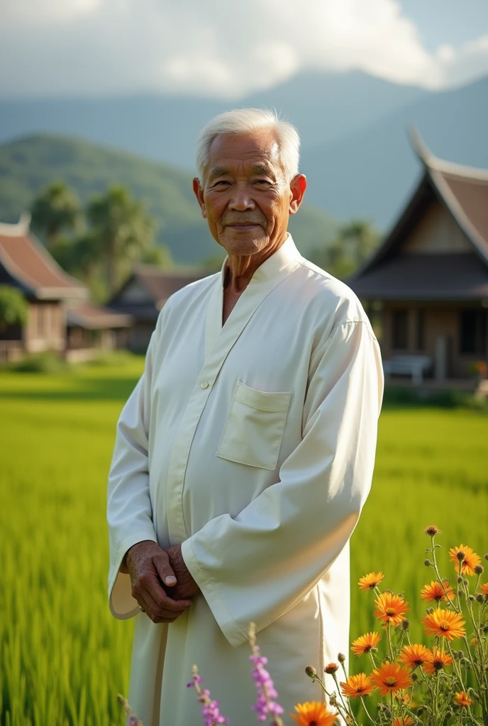 Asian man, 60 years old, Rural village backdrop, Look straight., Medium shot ,Dressed in a white Thai silk outfit
