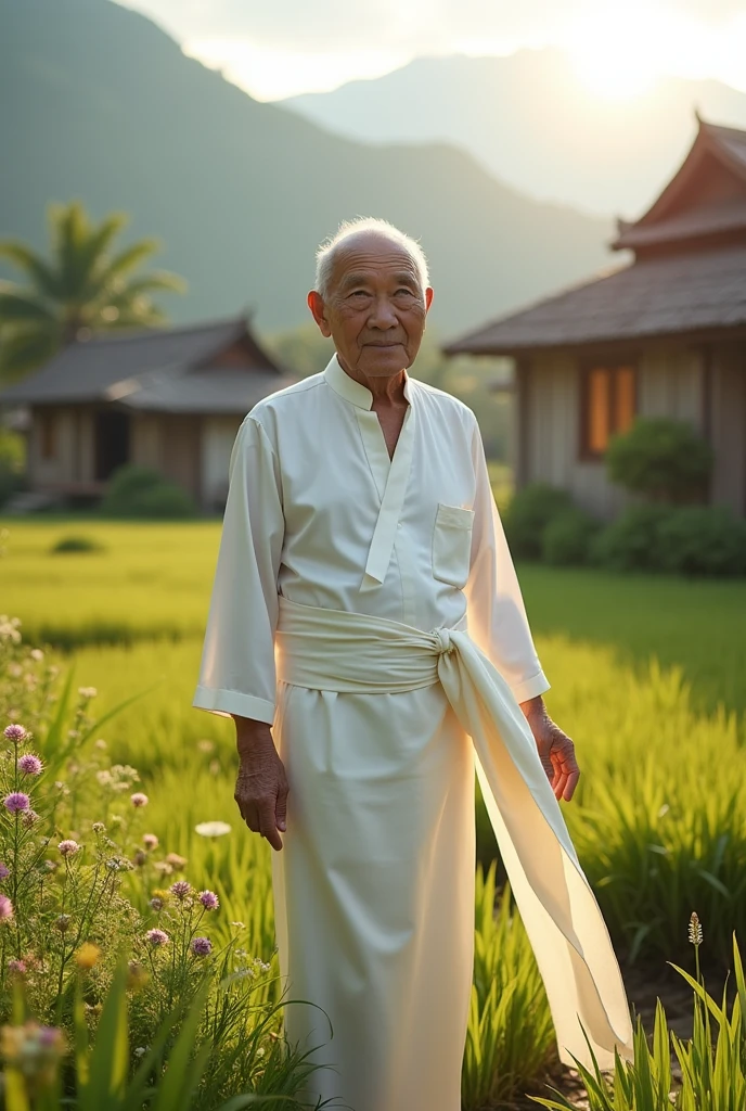 Asian man, 60 years old, Rural village backdrop, Look straight., Medium shot ,Dressed in a white Thai silk outfit
