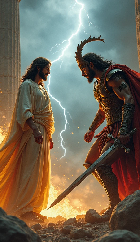 A beautiful god jesus and a male demon in ancient Greek armor fighting with swords