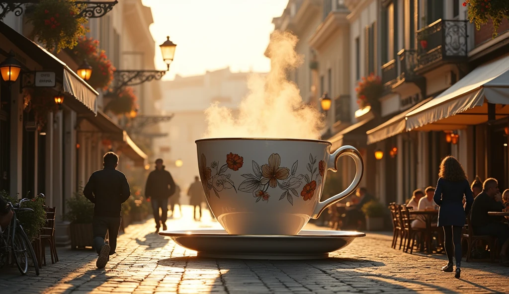 The Enormous Coffee Cup on a Quiet Morning Street
At dawn, a gigantic porcelain coffee cup, complete with swirling steam, sits serenely in the middle of a quaint European cobblestone street lined with charming cafes and boutiques. The cup emits the rich aroma of freshly brewed coffee, enveloping the entire neighborhood. Early morning joggers and cyclists stop in their tracks, their faces expressing surprise and curiosity. Cafe owners emerge from their shops, some rubbing their eyes in disbelief while others approach with ladders, attempting to peer inside the colossal cup. The soft, golden morning light casts long shadows, enhancing the surreal yet peaceful atmosphere of the scene.