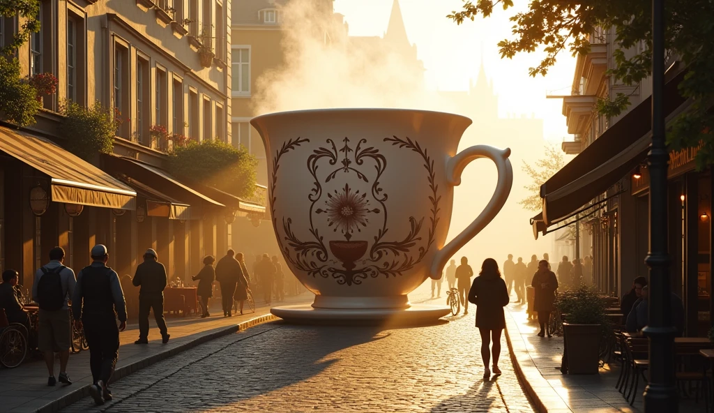The Enormous Coffee Cup on a Quiet Morning Street

At dawn, a gigantic porcelain coffee cup, complete with swirling steam, sits serenely in the middle of a quaint European cobblestone street lined with charming cafes and boutiques. The cup emits the rich aroma of freshly brewed coffee, enveloping the entire neighborhood. Early morning joggers and cyclists stop in their tracks, their faces expressing surprise and curiosity. Cafe owners emerge from their shops, some rubbing their eyes in disbelief while others approach with ladders, attempting to peer inside the colossal cup. The soft, golden morning light casts long shadows, enhancing the surreal yet peaceful atmosphere of the scene.