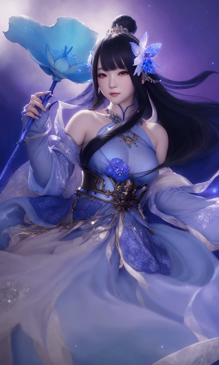 a woman in a blue dress holding a blue flower and a staff, beautiful celestial mage, onmyoji detailed art, ((a beautiful fantasy empress)), extremely detailed artgerm, style of artgerm, lunar themed attire, by Yang J, a beautiful fantasy empress, inspired by Lan Ying, anime fantasy illustration, ! dream artgerm, trending artgerm