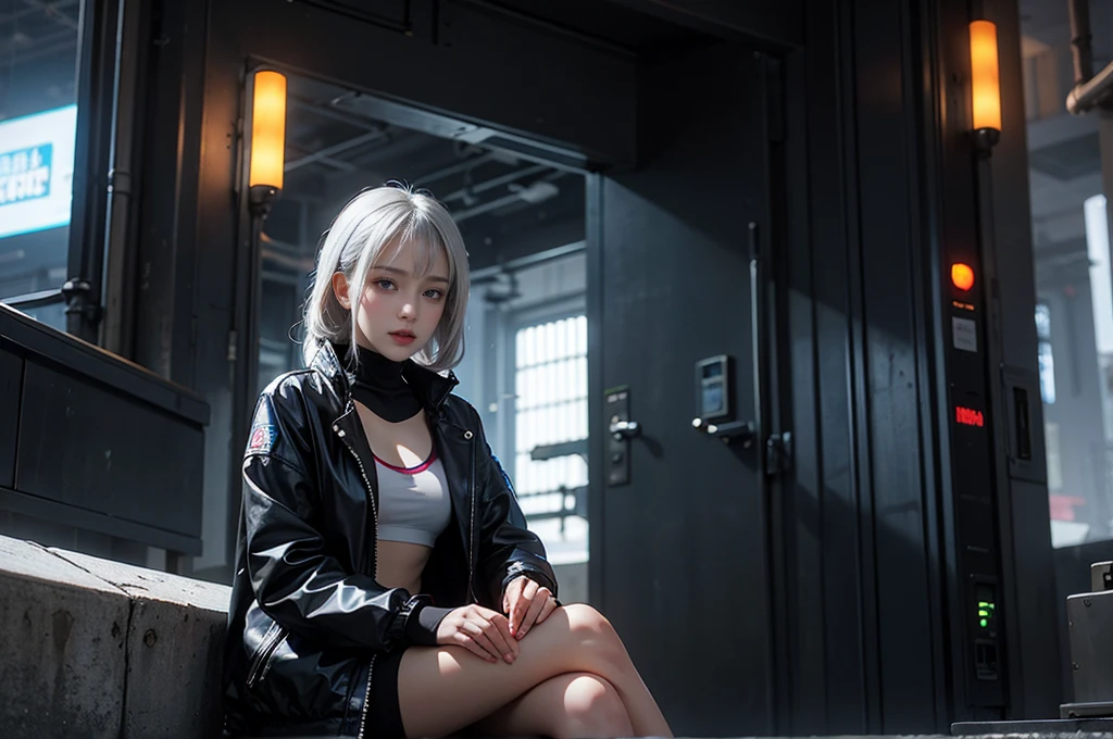 Masterpiece, 8K, award-winning photos, photorealistic, realistic, ultra detailed, ultra high definition, ray tracung,
///human
1girl, the most beautiful, 22 years old , no makeup, nude lip, small face, (gray hair:1.2), short hair, (blue eyes:1.4), (Double eyelid, droopy eyes), ((smile, teeth)), mole under eye, detailed eyes, sharp pupils, realistic pupils,
///human Detail
Shiny skin, detailed skin, detailed face, beautiful teeth,
///
BREAK (light color large breasts:1.2), slender waist, toned thighs, toned arms, tan skin,
///pose Composition
BREAK (Focus Face:1.4), sitting, (from below:1.2), look at viewer, White lightning, dramatic lightning,
///background
BREAK (black theme:1.3), Inorganic concrete studio with window, Blury background, highly detailed background, ///fashion
BREAK (black and White theme:1.4), (cyberpunk fashion:1.2), (wear a fluorescent White oversized open military-jacket over a black latex catsuit:1.4), (open jacket:1.3), (numerous tubes extend from a futuristic headset with parts that glow White light:1.3),
BREAK (glow White Geometric-pattern on black fullsuit:1.3), (Electronic circuit pattern that emit illumination light:1.3), ((Electronic circuit embedded, multilayer armor plates) with fluorescent White oversized open military-jacket:1.3), (black Harness:1.3), ((barcode, logo, text):1.2), (fluorescent White ski-boots:1.1), ((black military-gloves, knee pads):1.2),
///Quality of finishing
ultra-realistic textures, raw photo,