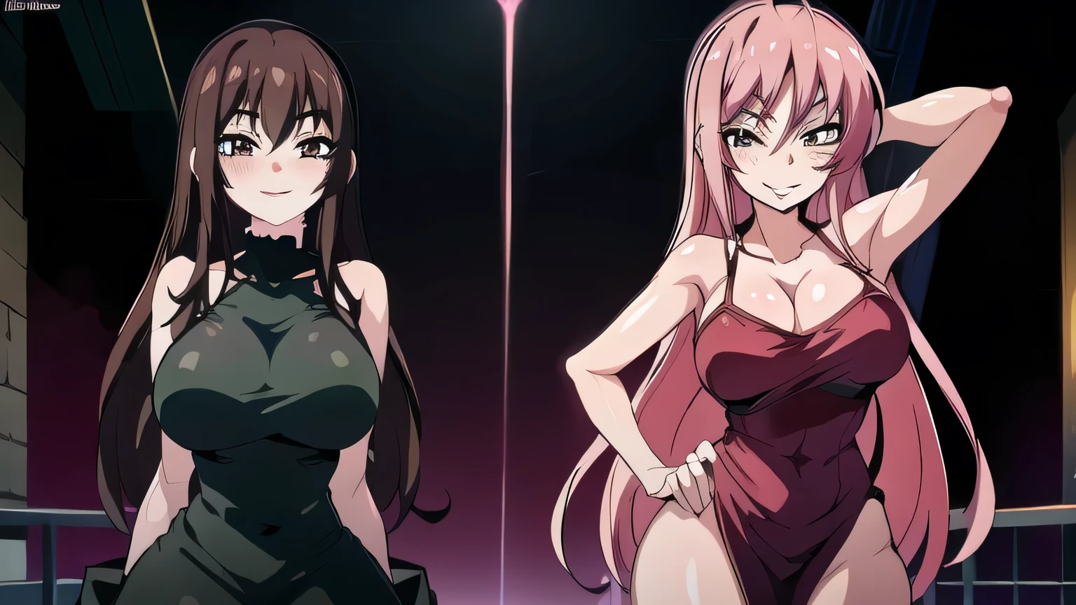 a (manhwa art style1.5), manga art,, Create an image of two female anime characters standing side by side in an urban setting. The first has long pink hair, wearing a tight black dress with big boobs, thick thighs, and a seductive smile. The second has long dark hair with bangs, wearing a tight green dress with big boobs, thick thighs, blushing expression, and a naughty, seductive smile, showing there armpit, (seductive smile:1.5)