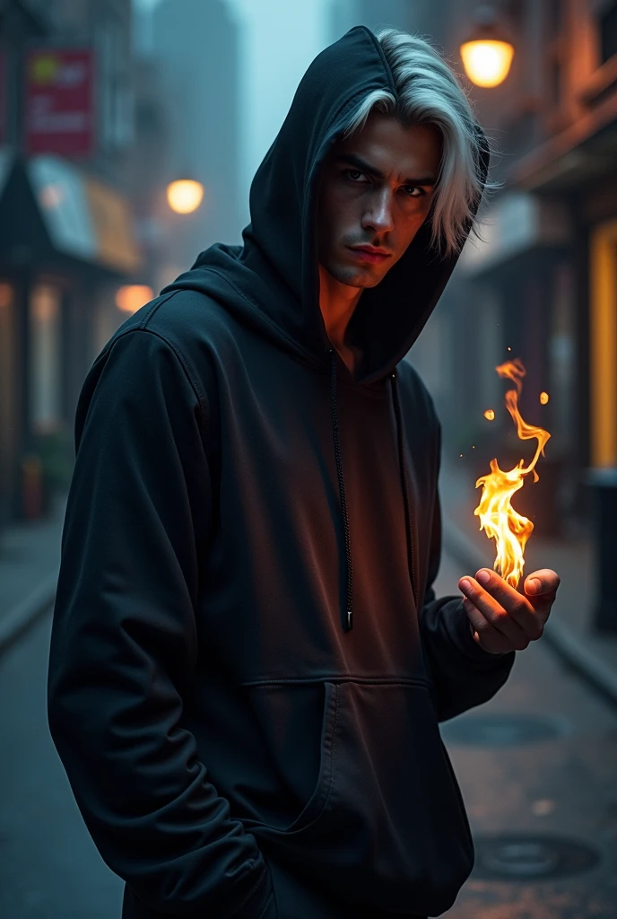 A misterious superhero. He wear black clothes: cargo pants, hoodie with large hood on his head and gloves without fingers. He has white really long hair and he's handsome. He has no beard, with clean face, with no facial hair. The hood cover his face in half but I can see smirk on his face. He has indygo colored eyes. In his hand he's playing with fire between his fingers. He looks a little like Rhaegar Targaryen