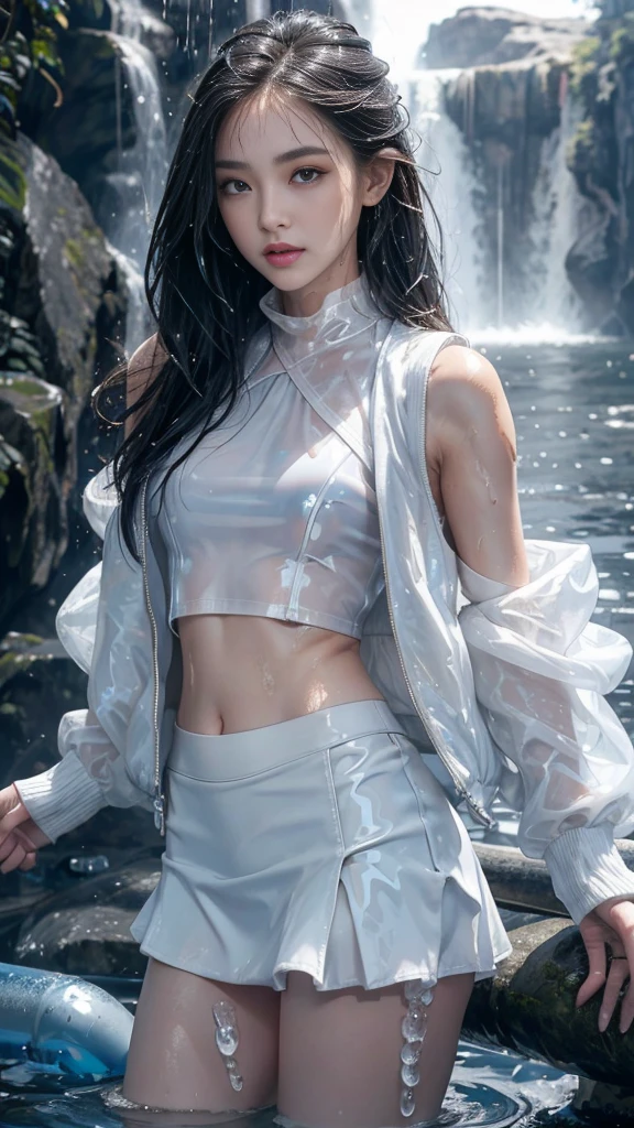 8k, masterpiece, 1 girl, beautiful face, very long hair, light makeup, (glossy skin:1.5), detailed eyes, detailed lips, small bust, short jacket, wet white vest, ((white mini skirt)), ((under pants)), ((bare thigh)), straps clothing, (water falling:1.5), steam effect, water vapor,