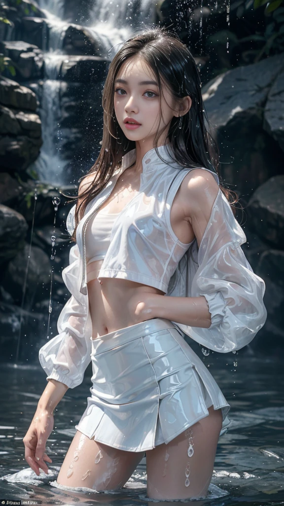 8k, masterpiece, 1 girl, beautiful face, very long hair, light makeup, (glossy skin:1.5), detailed eyes, detailed lips, small bust, short jacket, wet white vest, ((white mini skirt)), ((under pants)), ((bare thigh)), straps clothing, (water falling:1.5), steam effect, water vapor,