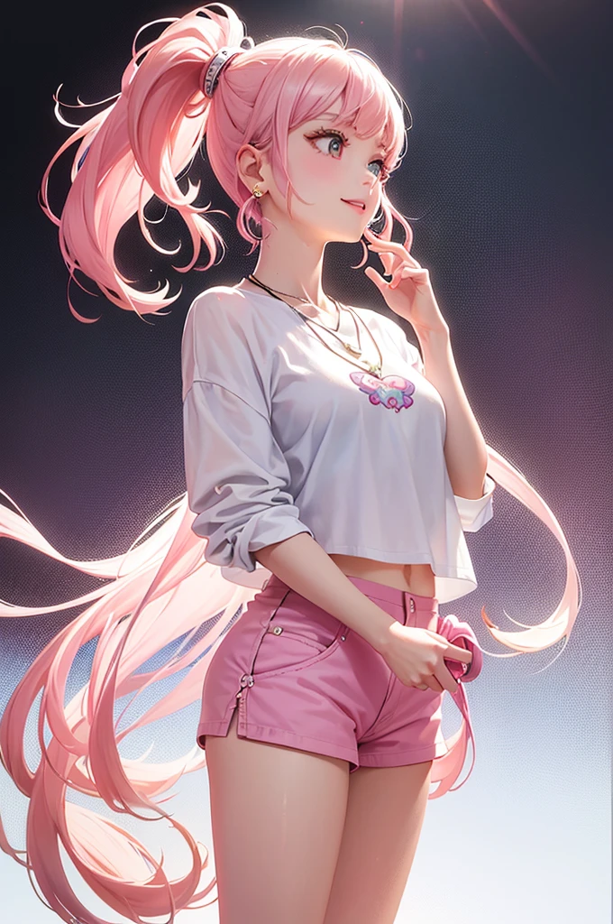 Best Quality,High resolution,8k,(plain white background, no patterns, no textures, just a plain white background:1.3),Masterpiece:1.2),beautiful girl,Shiny pink hair, pony tail,Pink eyes,oversized graphic tee with a cheerful design, paired with high-waisted shorts in a light, colorful cotton fabric with a subtle pattern. She is wearing casual sneakers with a pop of color, Accessories include a playful pendant necklace and colorful stud earrings,Gentle look,A refreshing look,smile,Best quality,Best Quality,Aesthetic and aesthetic:1.2,Best details((Super detailed))(High-definition CG illustrations),Slender body,smile,blush,cute,Scrounge,Looking up,Being spoiled,super model