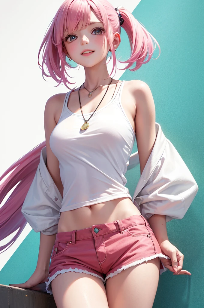 Best Quality,High resolution,8k,(plain white background, no patterns, no textures, just a plain white background:1.3),Masterpiece:1.2),beautiful girl,Shiny pink hair, pony tail,Pink eyes,oversized graphic tee with a cheerful design, paired with high-waisted shorts in a light, colorful cotton fabric with a subtle pattern. She is wearing casual sneakers with a pop of color, Accessories include a playful pendant necklace and colorful stud earrings,Gentle look,A refreshing look,smile,Best quality,Best Quality,Aesthetic and aesthetic:1.2,Best details((Super detailed))(High-definition CG illustrations),Slender body,smile,blush,cute,Scrounge,Looking up,Being spoiled,super model