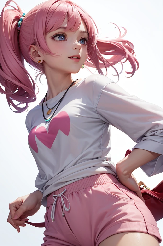 Best Quality,High resolution,8k,(plain white background, no patterns, no textures, just a plain white background:1.3),Masterpiece:1.2),beautiful girl,Shiny pink hair, pony tail,Pink eyes,oversized graphic tee with a cheerful design, paired with high-waisted shorts in a light, colorful cotton fabric with a subtle pattern. She is wearing casual sneakers with a pop of color, Accessories include a playful pendant necklace and colorful stud earrings,Gentle look,A refreshing look,smile,Best quality,Best Quality,Aesthetic and aesthetic:1.2,Best details((Super detailed))(High-definition CG illustrations),Slender body,smile,blush,cute,Scrounge,Looking up,Being spoiled,super model