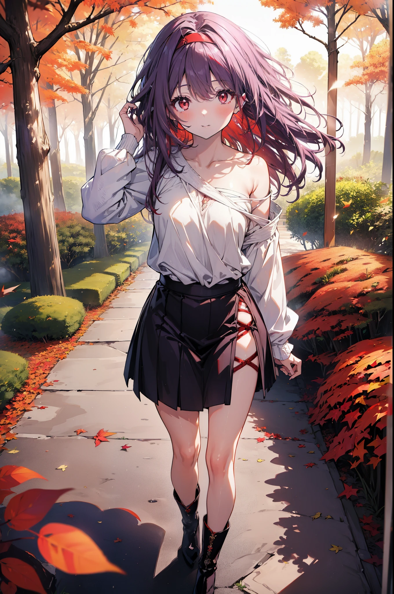 yuukikonno, Yuuki Konno, hair band, Long Hair, Pointed Ears, Purple Hair, (Red eyes:1.5), (Small breasts:1.2), smile,blush,Close your mouth,Purple one-shoulder sweater,mini skirt,White tights,short boots,Walking,autumn leaves,autumn leaves,scattered,autumn leavesが積もっている,Autumn sky,whole bodyがイラストに入るように,
break looking at viewer, whole body,
break outdoors, garden,forest, nature,
break (masterpiece:1.2), Highest quality, High resolution, unity 8k wallpaper, (figure:0.8), (Beautiful attention to detail:1.6), Highly detailed face, Perfect lighting, Highly detailed CG, (Perfect hands, Perfect Anatomy),