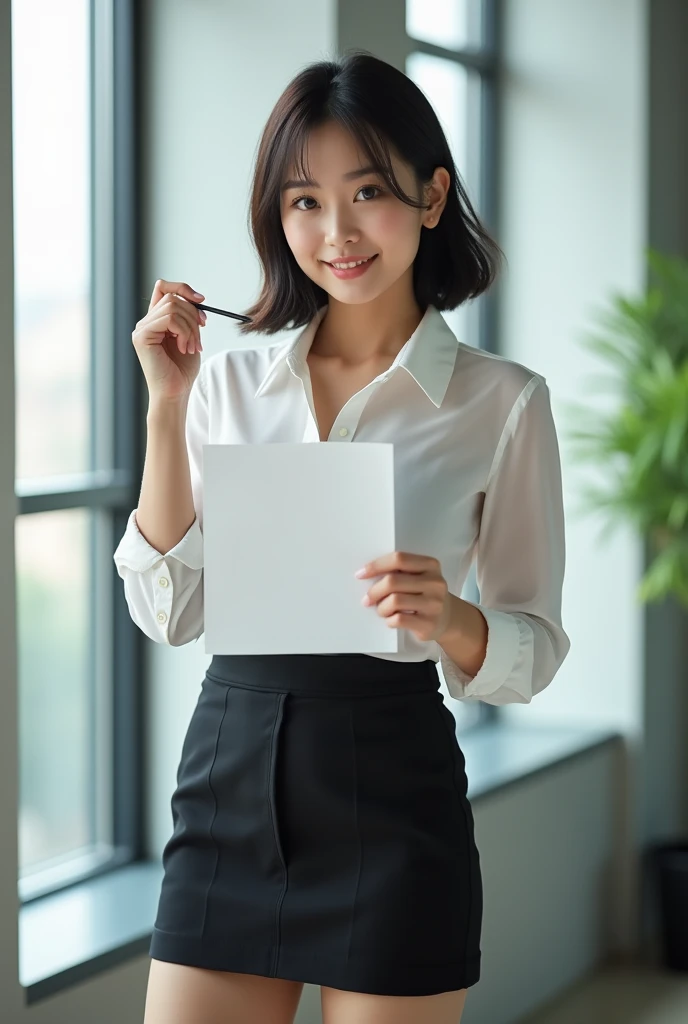 A 35 years old beautiful japanese woman, natural very big breasts, chubby body, bob cut hair style, wear sheer white shirt, black mini skirt, sexy sensual and seductive expression and pose, holding some document, in the office, realistic photography, natural light, look at the viewer,