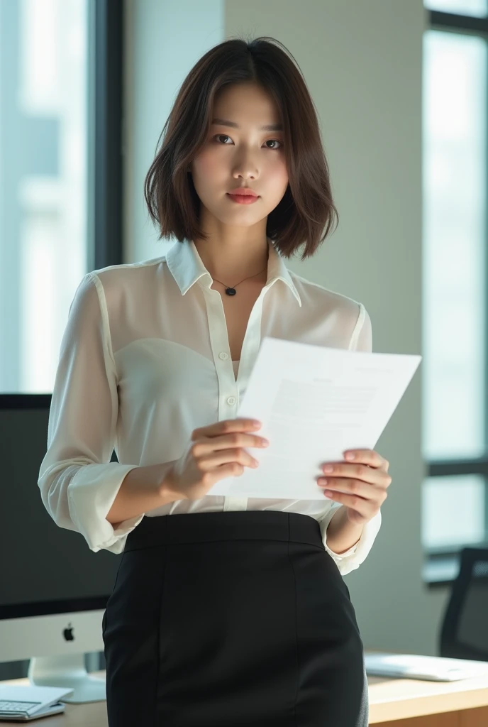 A 35 years old beautiful japanese woman, natural very big breasts, chubby body, bob cut hair style, wear sheer white shirt, black mini skirt, sexy sensual and seductive expression and pose, holding some document, in the office, realistic photography, natural light, look at the viewer, 