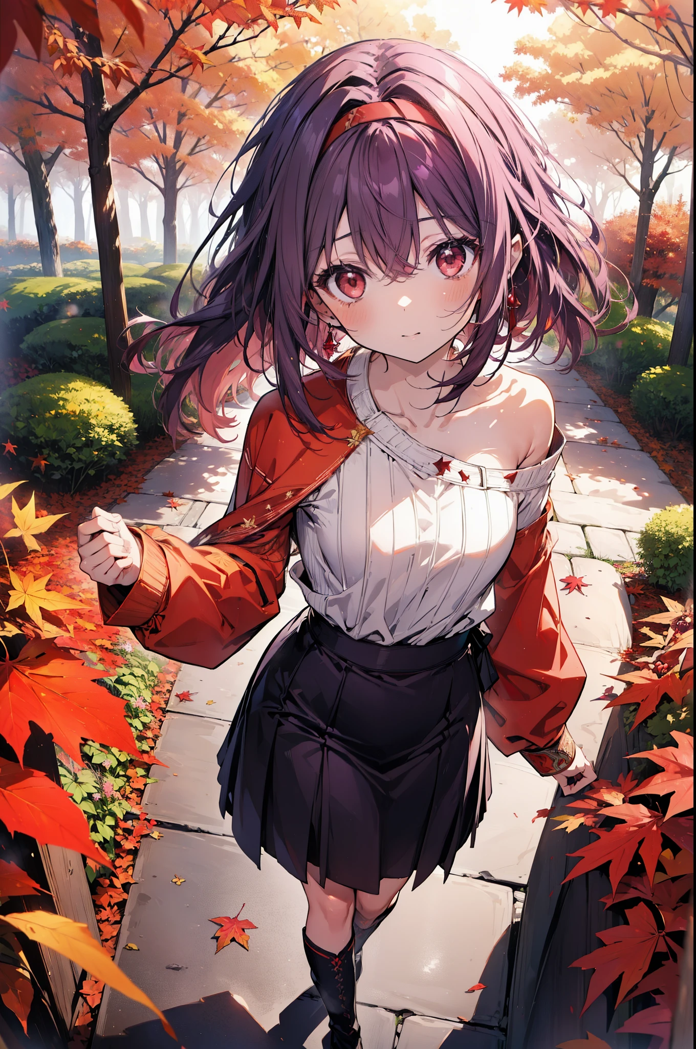 yuukikonno, Yuuki Konno, hair band, Long Hair, Pointed Ears, Purple Hair, (Red eyes:1.5), (Small breasts:1.2), smile,blush,Close your mouth,Purple one-shoulder sweater,mini skirt,White tights,short boots,Walking,autumn leaves,autumn leaves,scattered,autumn leavesが積もっている,Autumn sky,whole bodyがイラストに入るように,
break looking at viewer, whole body,
break outdoors, garden,forest, nature,
break (masterpiece:1.2), Highest quality, High resolution, unity 8k wallpaper, (figure:0.8), (Beautiful attention to detail:1.6), Highly detailed face, Perfect lighting, Highly detailed CG, (Perfect hands, Perfect Anatomy),