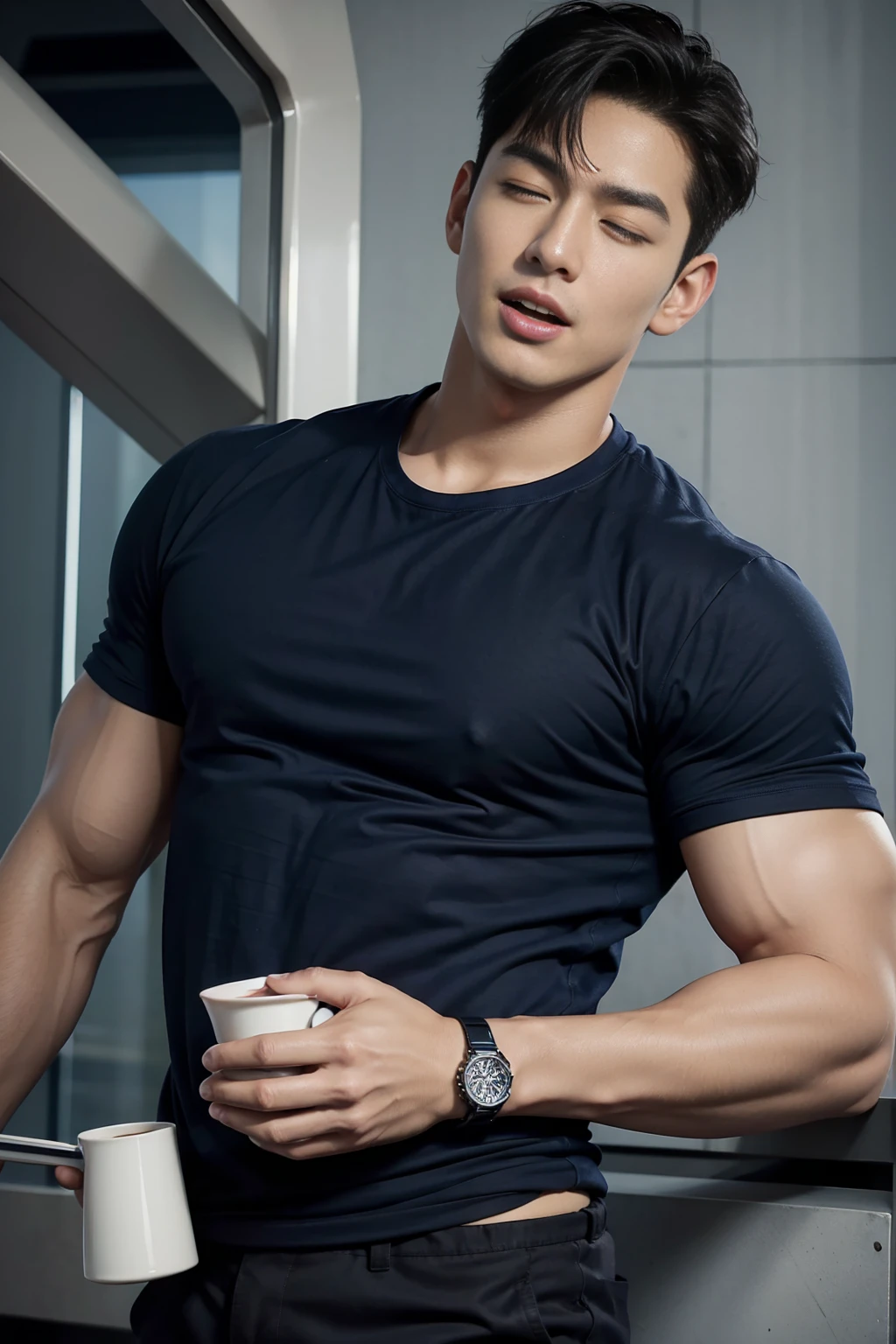 (Create a masterpiece: 1.2),(CGI art:1.3),(realistic:1.5),(After processing:1.3), (Sharp focus:1.3), 1 man, open mouth, smile, (Navy blue round neck t-shirt:1.3), Navy cargo pants, Korean guy , korean men, (High gloss details), chest muscles, large arm muscles, blood vessel, Big muscles, Broad shoulders, looking at the audience, Balancing the eyes, bedroom, Close your eyes.,(open mouth:1.1)，A sexy and charming watch，Color-narrowed，holding an airplane cup in her hand