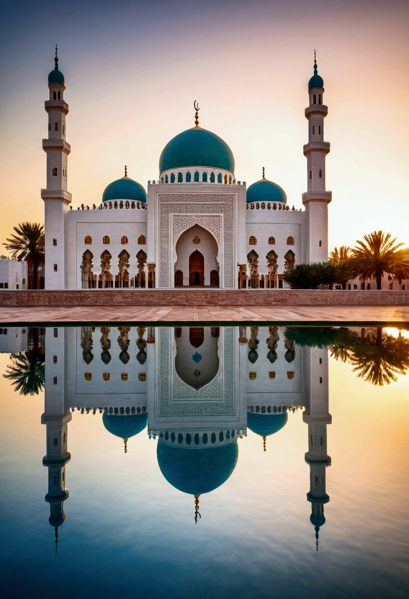 a large white mosque with a reflection in the water, with beautiful mosques, mosque, Islamic architecture, beautifully symmetrical, incredibly pretty, beautiful place, middle East, moroccan mosque, Arab architecture, beautiful and spectacular sunset, shutter, perfectly symmetrical, beautiful photo, stunning beautiful, perfect symmetrical image, vivid and detailed, beautiful image, mesmerizing