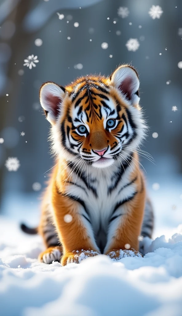 Create a super cute little tiger, Big bright eyes, Fluffy, Delicate and exquisite, Snow background,Real version of tiger cub