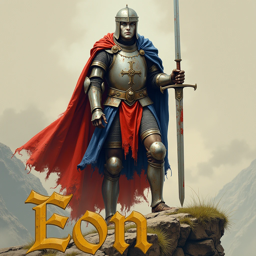 A poster depicting a very stupid soldier has white pale skin, big strabism eyes, really dumb face with the squinting eye. holding a bloody two-handed sword. medieval battered light armour & opened helmet, damaged by fighting, blue and red coat of arms. He's on a cliff with the words "Eon" written in large golden letters in the foreground.