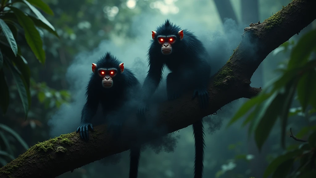 The monster monkeys sitting on the trees with red eye and around their bodies is full of black smoke 8k  