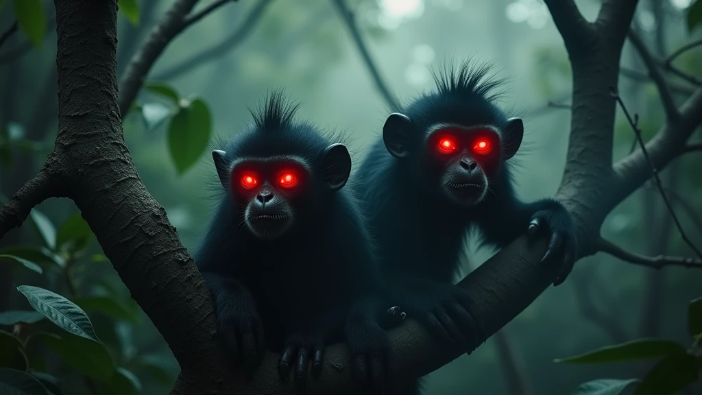 The monster monkeys sitting on the trees with red eye and around their bodies is full of black smoke 8k