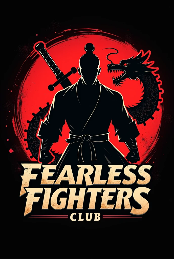 "Design a dynamic and bold logo for 'The Fearless Fighters Club Ramora,' a martial arts club. The logo should convey strength, courage, and discipline. Incorporate elements like a fierce warrior or fighter silhouette, traditional martial arts symbols (e.g., fist, dragon, or sword), and a strong, modern font for the club name. The color scheme should be powerful, using shades like black, red, or gold, to emphasize intensity and resilience. The overall design should inspire confidence and reflect the fearless spirit of the members."