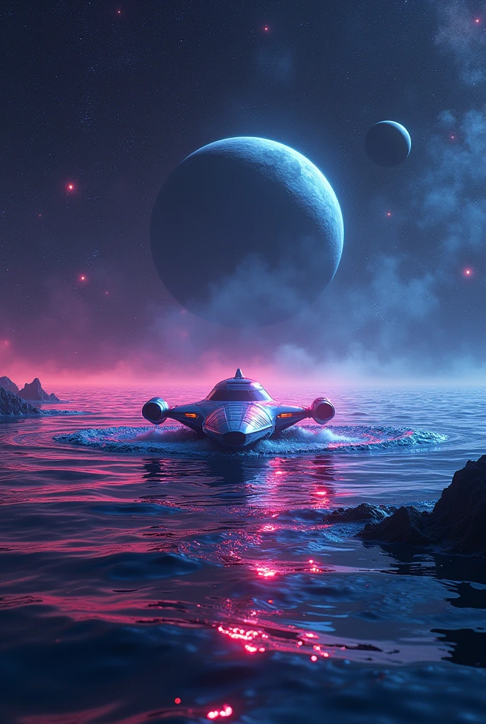 Space view from where land and water meet with neon stars and planets like Saturn and a spaceship emerging from the water