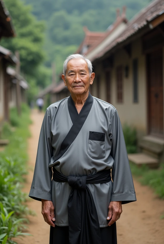 Asian man, 60 years old, Rural village backdrop, Look straight., Medium shot ,Dressed in a grey and black Thai silk outfit