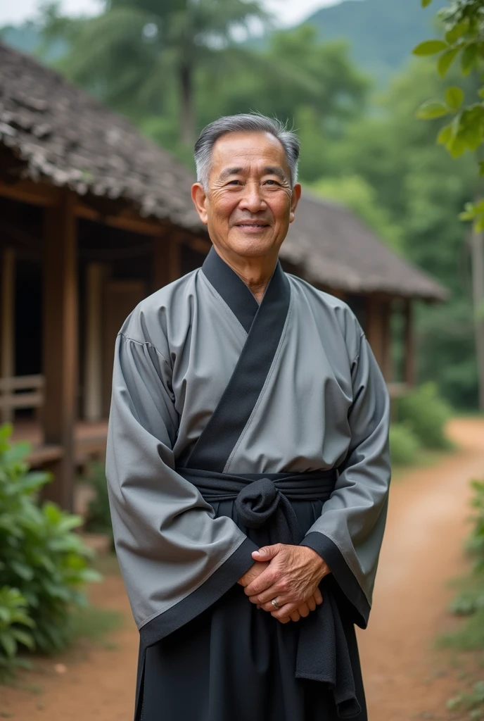 Asian man, 60 years old, Rural village backdrop, Look straight., Medium shot ,Dressed in a grey and black Thai silk outfit