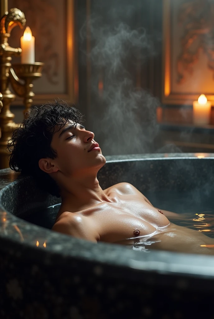 A handsome Aesthetic Targaryen Prince with wet curly black hair , he's bathing in a black large vast tub made of Black Stones ,His face is detailed by freckles,black water on tub,