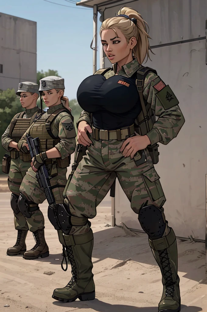 war photography, (cinematic lighting:1.1), highest quality, photo of (group of fully dressed really tanned 20yo sexy muscular female USA army special forces with taut clothing military top, ponytail hair, running holding a rifle, bouncing breasts, motion lines, motion blur), too tight military shirt, medium_boltedontits, perfectly round breasts, breast implants, unaligned breasts, perfect face, parted lips, dumb expression, (wearing military Combat uniform, battlepack, boots:1.2), athletic body, on the battlefield, fake tits