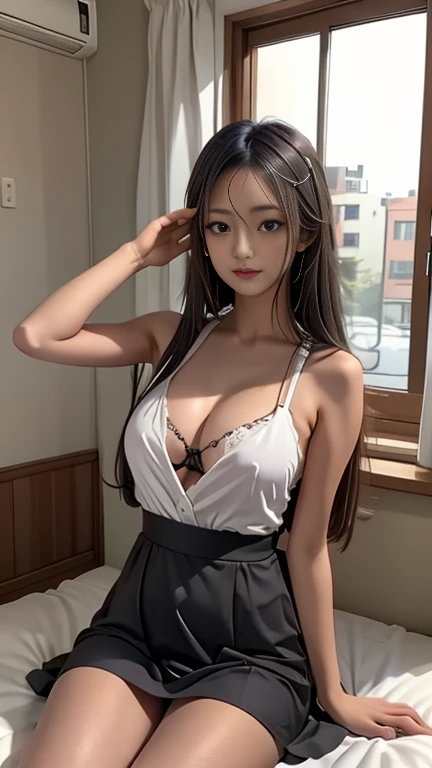 1 person,alone,chest,Knee socks,chestの谷間,liar,~ ~ side,Looking at the audience,Long Hair,large chest,With my hands on my head,bed,Strap slip,indoor,lips,on bed,Black Hair,dress,Realistic,black dress,black eye,Dutch Angle,Brown Hair,curtain,Window -- Automatic