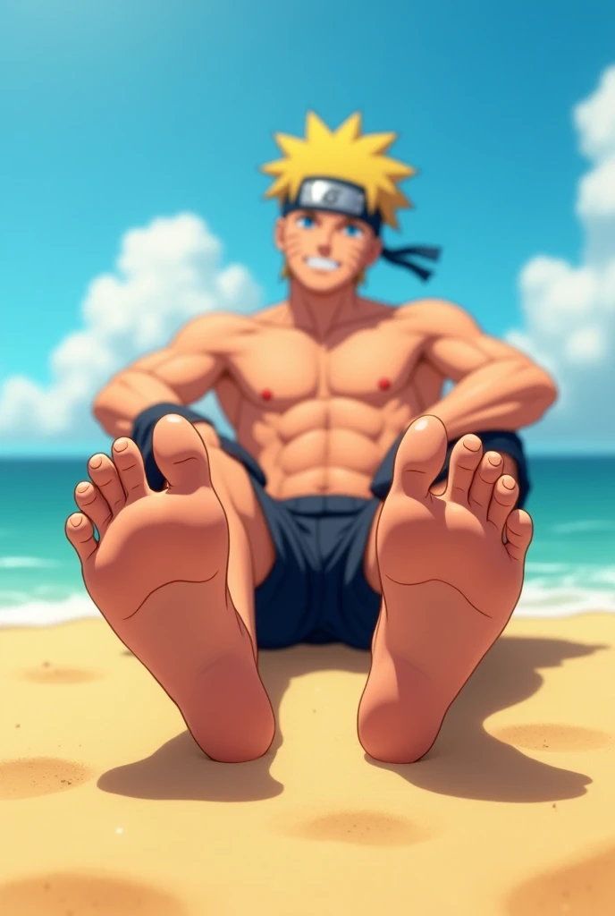 Animated image showing realistic HD texture style of Naruto Uzumaki barefoot showing sole of feet from below close to camera Sitting on beach smiling shirtless Realistic details of soles of feet 2 feet 5 toes on each foot Showing six pack Showing sole of foot Showing details of perfect feet Showing lighting on feet Showing realistic animated texture of sole of feet